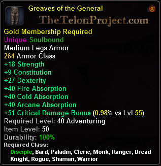 In-game tooltip for Greaves of the General