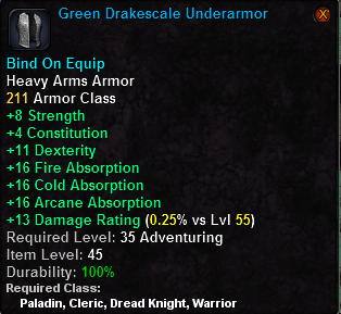 In-game tooltip for Green Drakescale Underarmor
