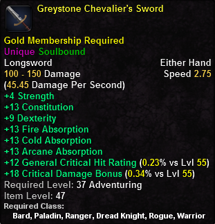 In-game tooltip for Greystone Chevalier s Sword