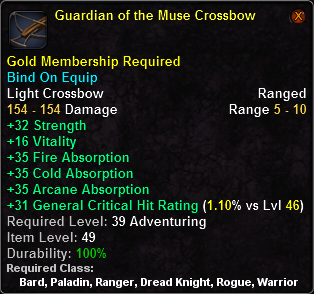 In-game tooltip for Guardian of the Muse Crossbow