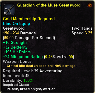 In-game tooltip for Guardian of the Muse Greatsword