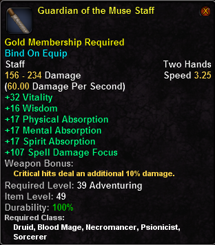 In-game tooltip for Guardian of the Muse Staff