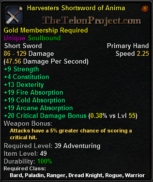 In-game tooltip for Harvesters Shortsword of Anima