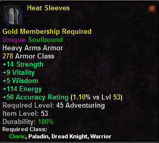 In-game tooltip for Heat Sleeves