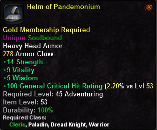 In-game tooltip for Helm of Pandemonium