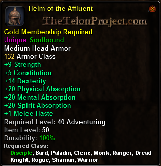 In-game tooltip for Helm of the Affluent