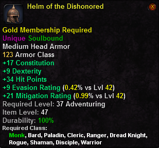 In-game tooltip for Helm of the Dishonored