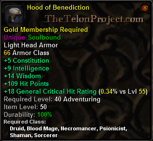 In-game tooltip for Hood of Benediction