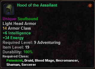 In-game tooltip for Hood of the Assailant