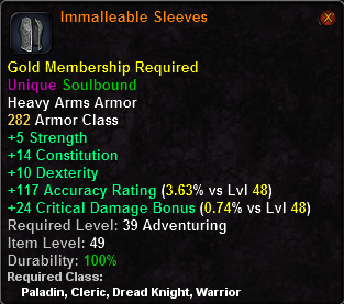 In-game tooltip for Immalleable Sleeves