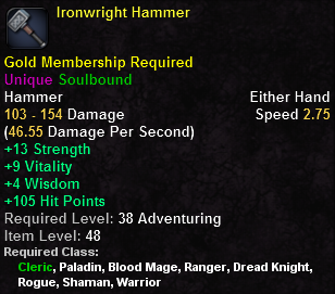 In-game tooltip for Ironwright Hammer