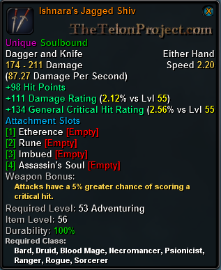 In-game tooltip for Ishnara's Jagged Shiv