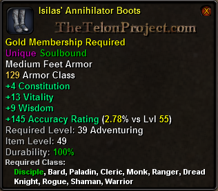 In-game tooltip for Isilas Annihilator Boots