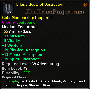In-game tooltip for Isilas's Boots of Destruction