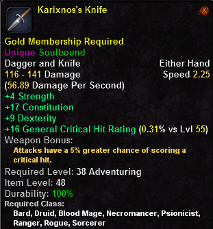 In-game tooltip for Karixnos's Knife