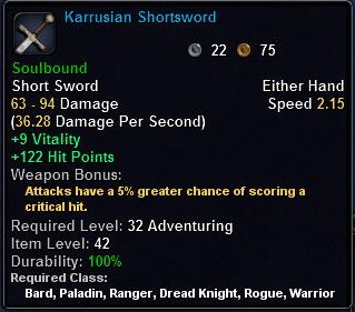 In-game tooltip for Karrusian Shortshword
