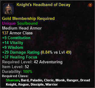 In-game tooltip for Knight s Headband of Decay