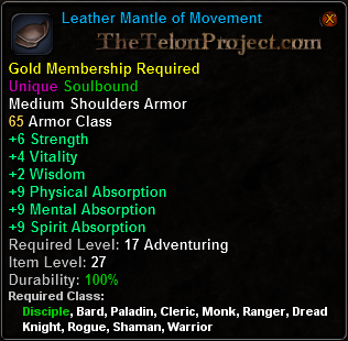 In-game tooltip for Leather Mantle of Movement