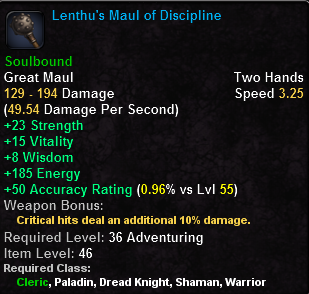 In-game tooltip for Lenthu's Maul of Discipline