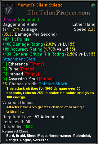 In-game tooltip for Memati's Silent Stiletto