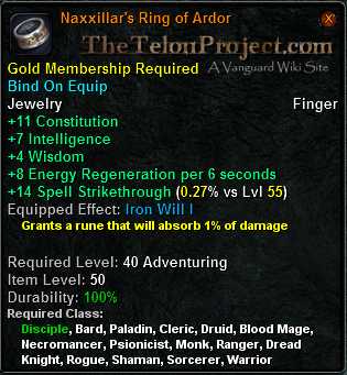 In-game tooltip for Naxillar's Ring of Ardor