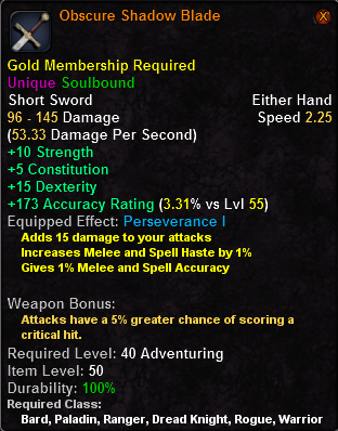 In-game tooltip for Obscure Shadow Blade