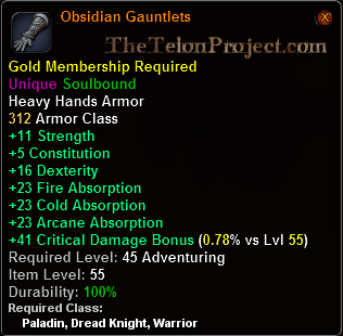 In-game tooltip for Obsidian Gauntlets