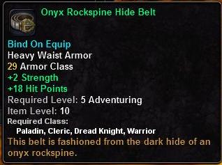 In-game tooltip for Onyx Rockspine Hide Belt