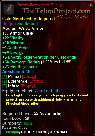 In-game tooltip for Oran's Bracers of Purity