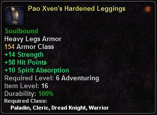 In-game tooltip for Pao Xven's Hardened Leggings