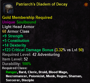 In-game tooltip for Patriarch's Diadem of Decay