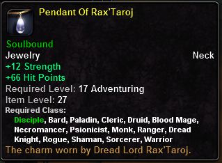 In-game tooltip for Pendant Of Rax'Taroj