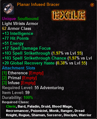 In-game tooltip for Planar Infused Bracer