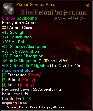 In-game tooltip for Planar Scarred Arms