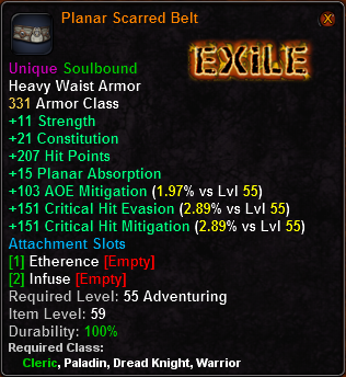 In-game tooltip for Planar Scarred Belt