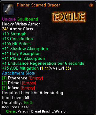 In-game tooltip for Planar Scarred Bracer