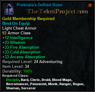 In-game tooltip for Preknala s Defiled Robe