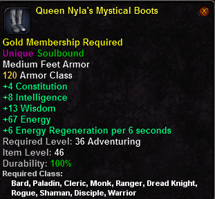 In-game tooltip for Queen Nyla's Mystical Boots