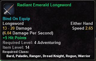 In-game tooltip for Radiant Emerald Longsword