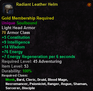 In-game tooltip for Radiant Leather Helm