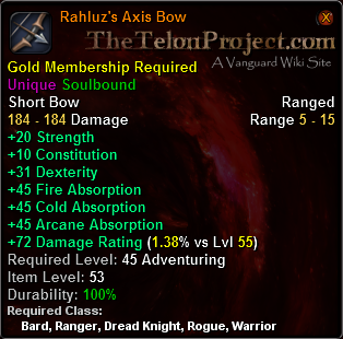 In-game tooltip for Rahluz's Axis Bow