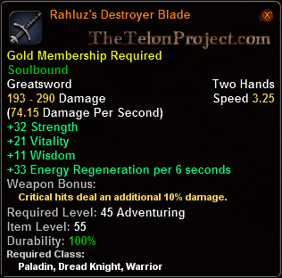 In-game tooltip for Rahluz's Destroyer Blade