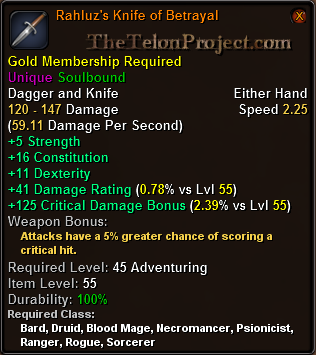 In-game tooltip for Rahluz's Knife of Betrayal
