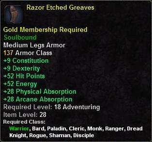 In-game tooltip for Razor Etched Greaves