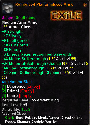 In-game tooltip for Reinforced Planar Infused Arms