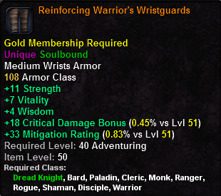 In-game tooltip for Reinforcing Warrior's Wristguards