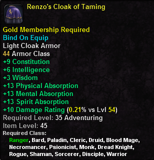 In-game tooltip for Renzo's Cloak of Taming