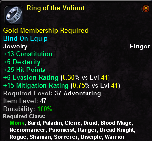 In-game tooltip for Ring of the Valiant