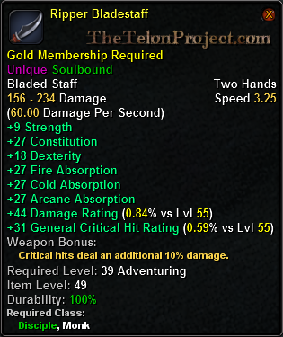 In-game tooltip for Ripper Bladestaff