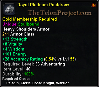 In-game tooltip for Royal Platinum Pauldrons